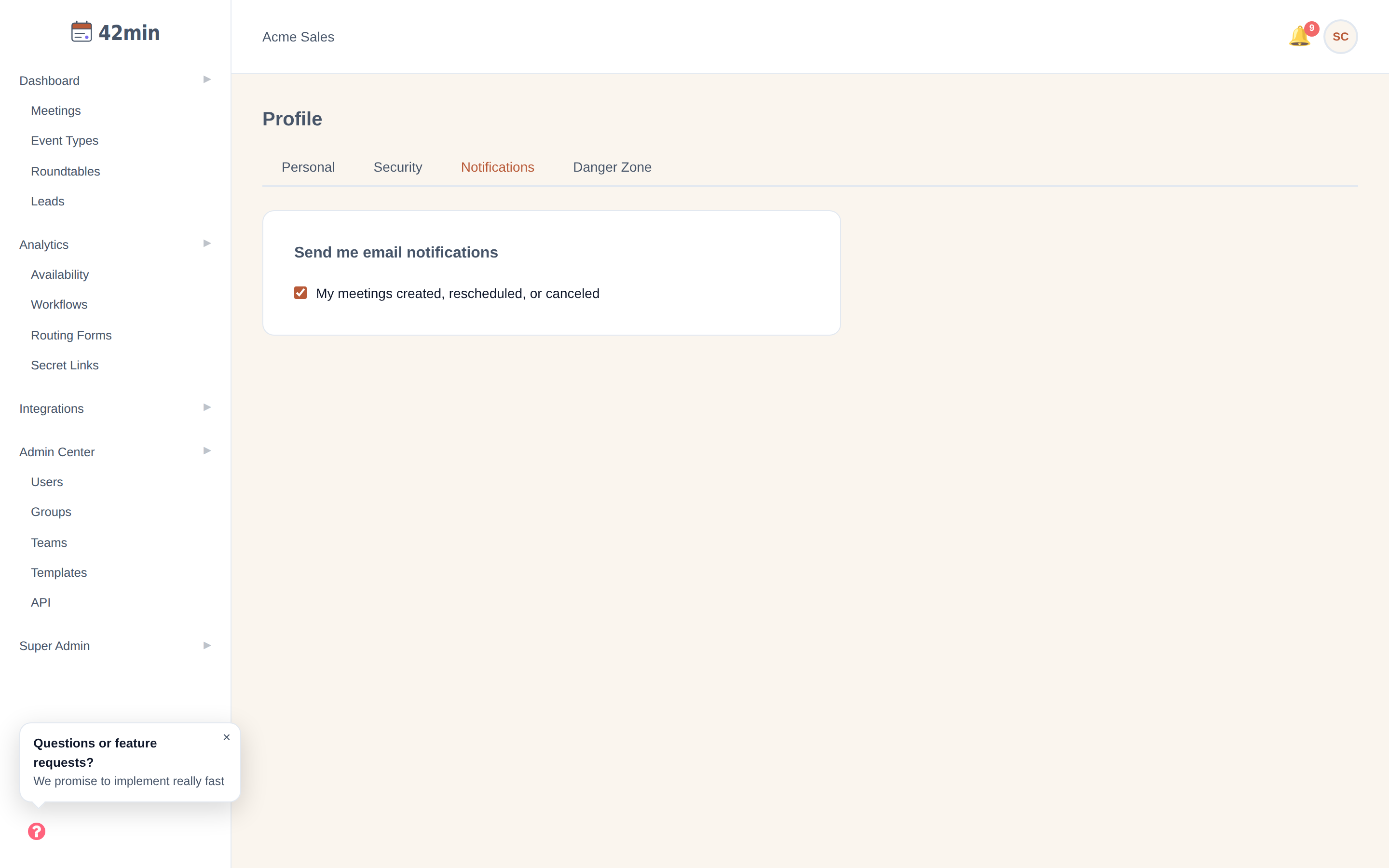 The Notifications tab of the Profile page, showing the 'My meetings created, rescheduled, or canceled' checkbox under 'Send me email notifications'
