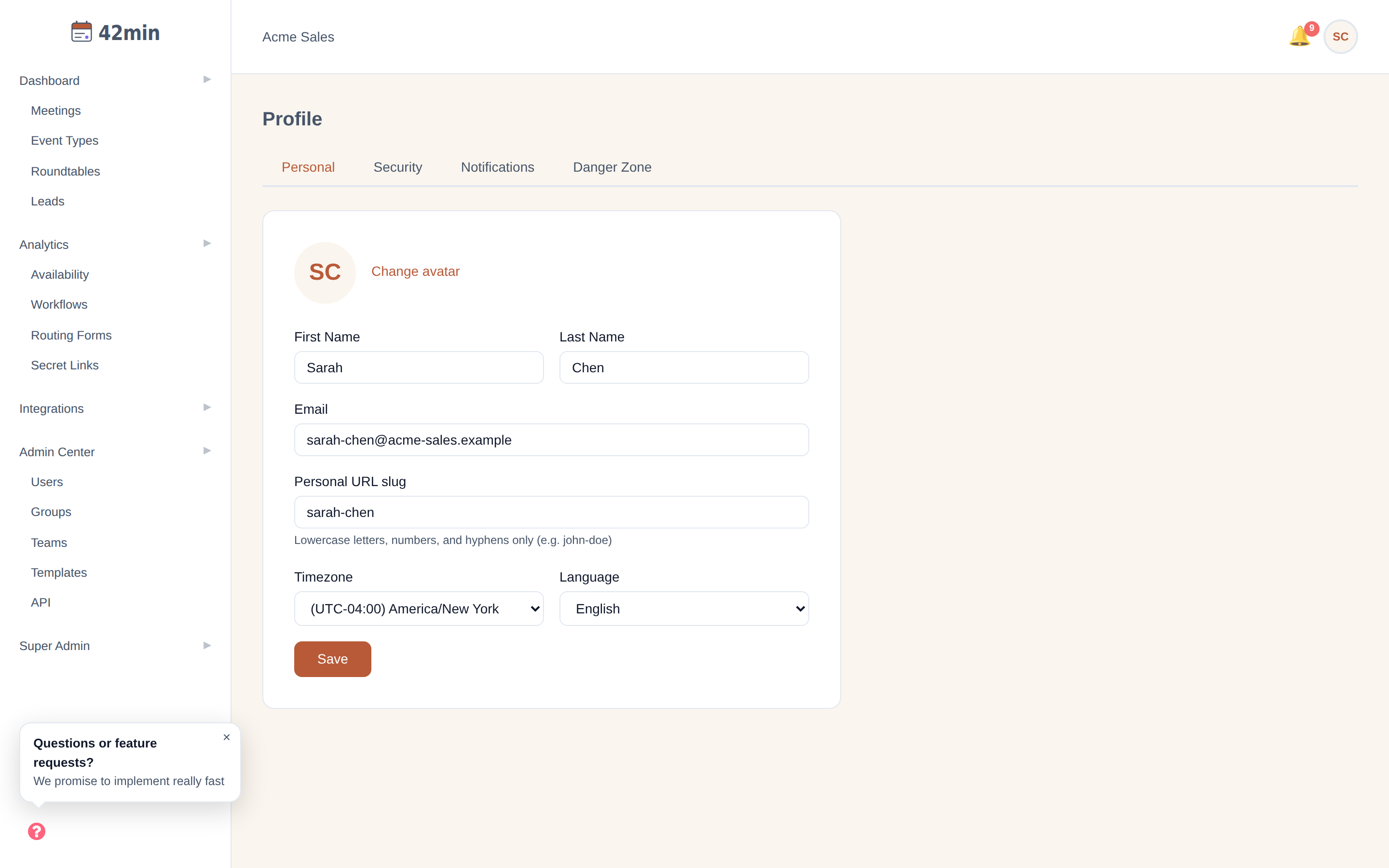 The Personal tab of the Profile page in the 42min dashboard, with name, email, public URL slug, time zone, language, and avatar fields