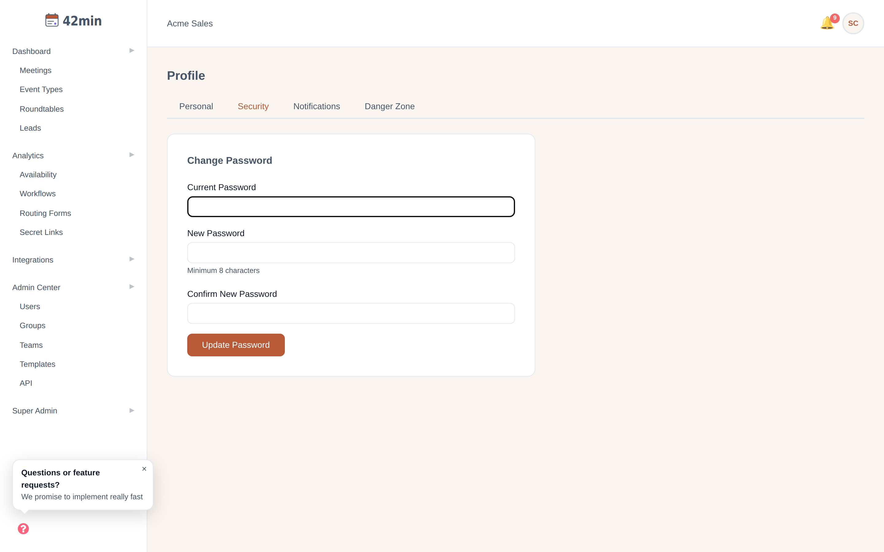 The Security tab of the 42min Profile page, showing a 'Change Password' card with Current Password, New Password (minimum 8 characters), and Confirm New Password fields and an 'Update Password' button