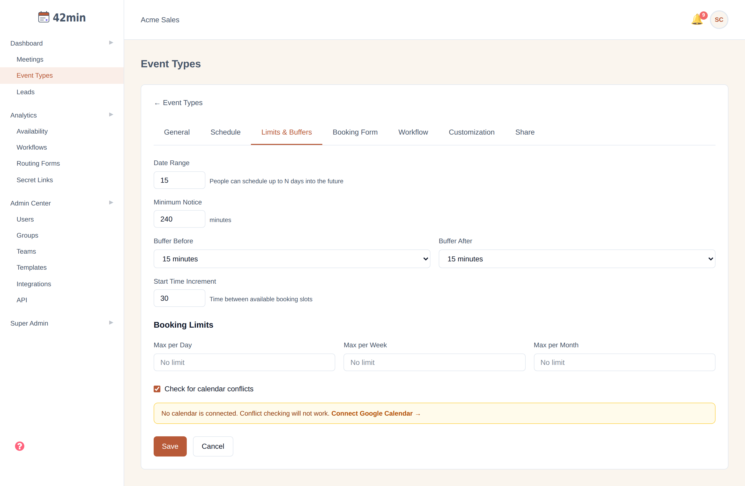 42min meeting limits and buffer settings