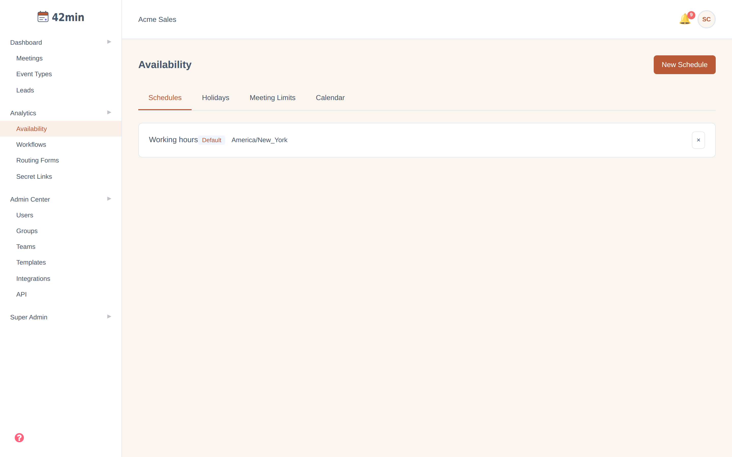 The Availability page in the 42min dashboard, with the Schedules / Holidays / Meeting Limits / Calendar tabs