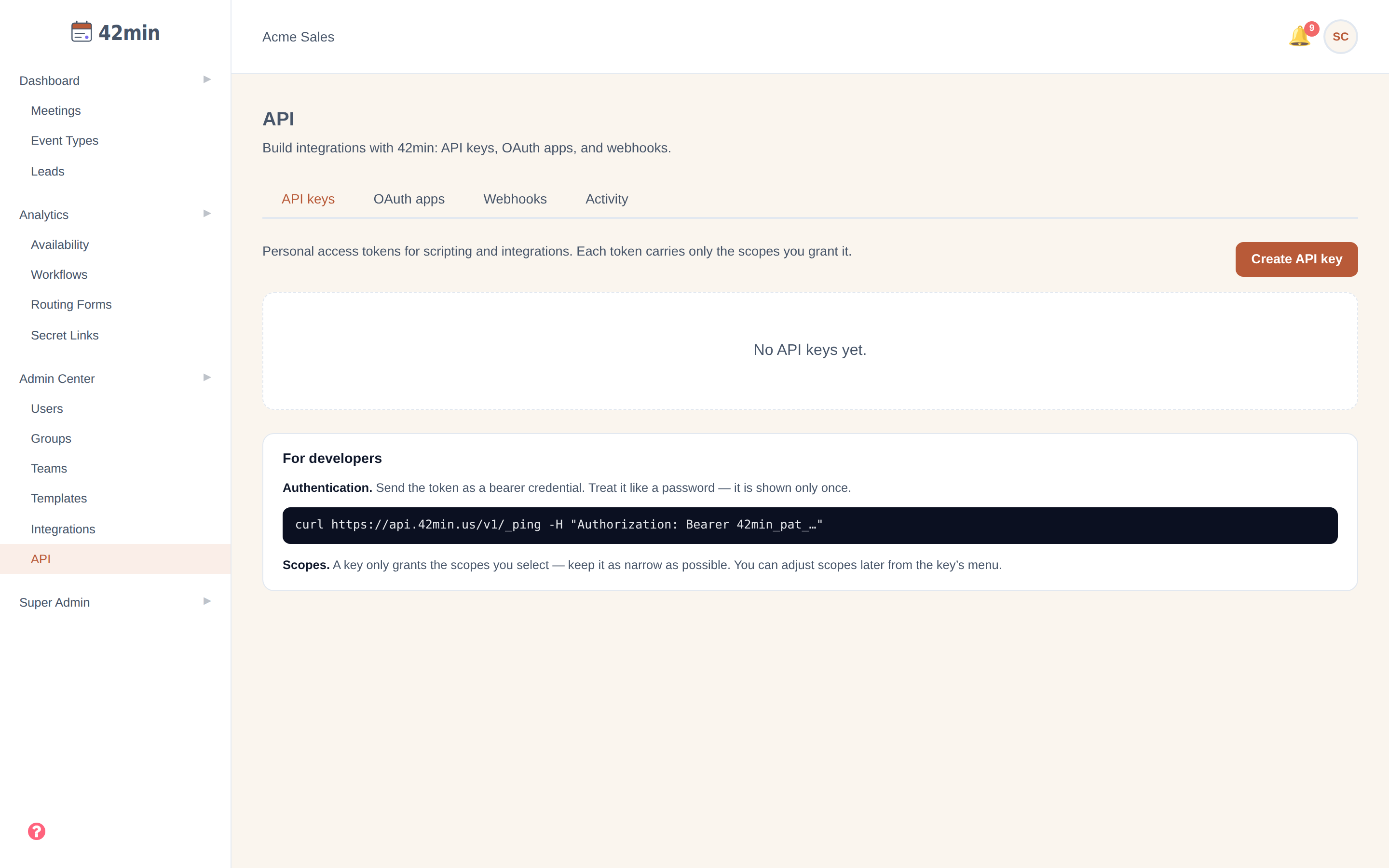 The 42min API page in Admin Center, showing the four tabs: API keys, OAuth apps, Webhooks, and Activity