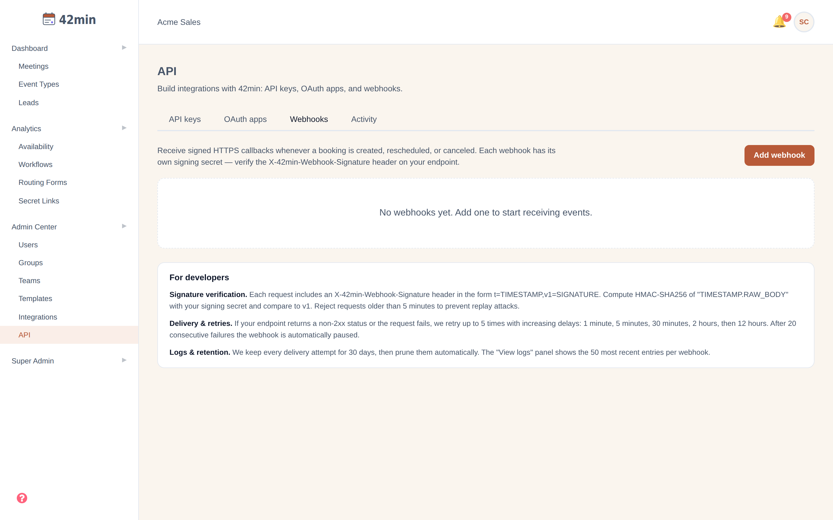 The Webhooks tab of the 42min API page: an explanation of signed HTTPS callbacks, an 'Add webhook' button, an empty state ('No webhooks yet'), and a 'For developers' section covering signature verification, delivery & retries, and log retention